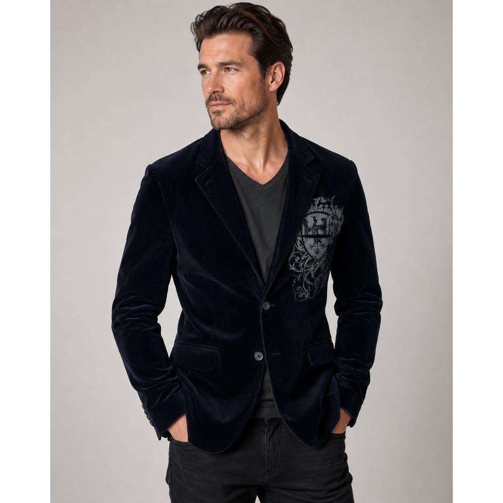 Machine Velvet Blazer Mens XL Blue Crest Graphic Jacket Gothic Indie Sleaze